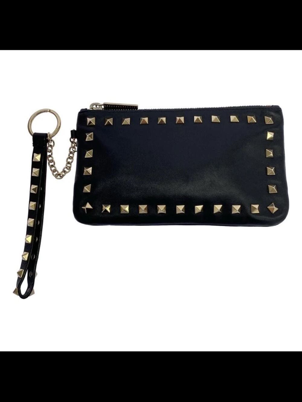 Valentino Garavani Black Leather Wristlet with Gold Pyramid Studs